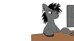 Size: 1280x720 | Tagged: safe, artist:ruchiyoto, oc, oc only, oc:black cross, pony, unicorn, computer, crucifix, desk, ear piercing, earring, edgy, jewelry, male, not impressed, piercing, simple background, solo, stallion, white background