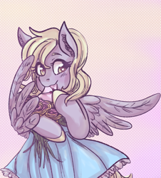 Size: 1077x1189 | Tagged: safe, artist:mimiporcellini, derpy hooves, pegasus, pony, g4, blushing, clothes, dress, looking at you, smiling, smiling at you, spread wings, wings