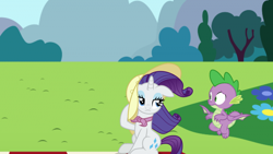 Size: 1280x720 | Tagged: safe, artist:ambassad0r, artist:estories, artist:frownfactory, edit, vector edit, rarity, spike, dragon, pony, unicorn, g4, duo, female, flying, hat, looking at each other, male, mare, raised hoof, sitting, vector, windswept mane, winged spike, wings