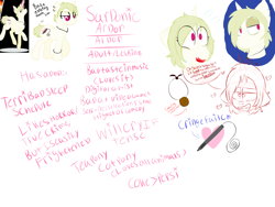 Size: 1600x1200 | Tagged: safe, artist:leola-kittycorn, oc, oc only, oc:sardonic ardor, pony, unicorn, bad handwriting, bags under eyes, base used, bust, concept art, cutie mark, drool, ear piercing, fangs, floating heart, handwritten text, heart, horn, jewelry, necklace, piercing, ponysona, portrait, self insert, short mane, solo, song reference, surprised, text, unicorn oc