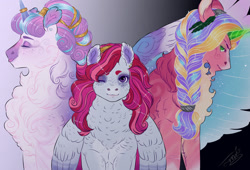 Size: 1280x871 | Tagged: safe, artist:theartfox2468, princess flurry heart, oc, oc:aphrodite, oc:victoria, alicorn, pegasus, pony, unicorn, g4, chest fluff, ethereal wings, female, fluffy, horn, horn ring, looking at you, mare, offspring, older, older flurry heart, one eye closed, parent:princess cadance, parent:shining armor, parents:shiningcadance, ring, siblings, sisters, spread wings, tongue out, wings, wink