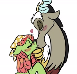 Size: 2048x1985 | Tagged: safe, artist:thechaoticboop, discord, tree hugger, draconequus, earth pony, pony, g4, blushing, eyes closed, female, floppy ears, heart, kissing, male, mare, shipping, simple background, straight, treecord, white background