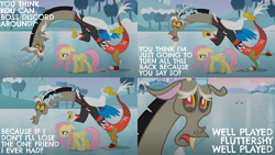 Size: 2000x1125 | Tagged: safe, edit, edited screencap, editor:quoterific, screencap, discord, fluttershy, draconequus, pegasus, pony, g4, keep calm and flutter on, crying, duo, female, floppy ears, fluttershy is not amused, ice, ice skates, ice skating, male, open mouth, sad, teary eyes, unamused, walking