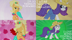 Size: 2000x1125 | Tagged: safe, edit, edited screencap, editor:quoterific, screencap, applejack, rarity, earth pony, pony, unicorn, g4, season 4, simple ways, angry, applejack is best facemaker, applejewel, derp, eyes closed, fancyjack, flower, gritted teeth, i love being covered in mud, rarihick, rhyming, rose, tail, tail hole