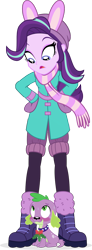Size: 620x1692 | Tagged: safe, artist:aqua-pony, artist:phucknuckl, spike, starlight glimmer, dog, equestria girls, equestria girls specials, g4, my little pony equestria girls: better together, my little pony equestria girls: holidays unwrapped, blushing, boots, christmas, clothes, clothes swap, cute, duo, female, hand on hip, holiday, holly, holly mistaken for mistletoe, implied kissing, looking down, male, scarf, ship:sparlight, shipping, shocked, shoes, simple background, straight, sweat, transparent background, vector, winter outfit