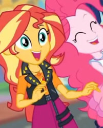 Size: 633x789 | Tagged: safe, screencap, pinkie pie, sunset shimmer, equestria girls, equestria girls specials, g4, my little pony equestria girls: better together, my little pony equestria girls: rollercoaster of friendship, cropped, cute, diapinkes, geode of empathy, low quality, magical geodes, photo booth (song), shimmerbetes