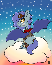 Size: 2000x2500 | Tagged: safe, artist:dawn-designs-art, oc, oc only, oc:sandy shoals, bat pony, pony, bandage, blue mane, clothes, cloud, digital art, goggles, hair tie, high res, jacket, looking back, looking over shoulder, pouch, scarf, sitting, solo, stars, steampunk, sunset, yellow eyes