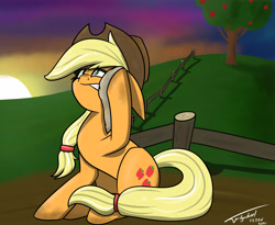 Size: 5500x4500 | Tagged: safe, artist:flywheel, applejack, earth pony, pony, g4, apple, apple tree, fence, implied pain, sitting, solo, tree