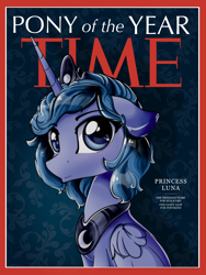 Size: 1626x2158 | Tagged: source needed, safe, artist:eris azure, princess luna, alicorn, pony, g4, blue mane, crown, female, jewelry, looking at you, magazine cover, mare, regalia, s1 luna, solo, time magazine