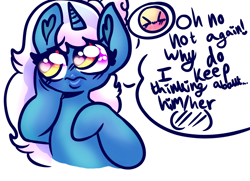 Size: 1024x742 | Tagged: safe, artist:iloveehlm, oc, oc:fleurbelle, alicorn, semi-anthro, arm hooves, blushing, bow, female, hair bow, human lips, mare, pouting, shiny eyes, simple background, solo, speech bubble, talking to oneself, touching face, wall smath, white background, wingding eyes