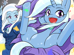 Size: 2224x1668 | Tagged: safe, artist:batipin, trixie, pony, unicorn, equestria girls, g4, anime style, cape, clothes, featureless crotch, female, hat, magic, open mouth, self ponidox, trixie's cape, trixie's hat, underhoof