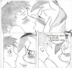 Size: 1376x1300 | Tagged: safe, artist:dj-black-n-white, rainbow dash, human, pegasus, pony, comic:tsundere rainbow dash, g4, blushing, cropped, human on pony action, interspecies, kissing, traditional art