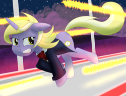 Size: 2361x1816 | Tagged: safe, artist:sixes&sevens, dinky hooves, pony, unicorn, g4, ascot, clothes, corridor, female, gritted teeth, jacket, laser, older, older dinky hooves, running, solo