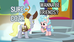 Size: 1920x1080 | Tagged: safe, edit, edited screencap, screencap, cozy glow, derpy hooves, g4, school raze, this will not end well, wanna be friends?
