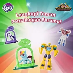 Size: 320x320 | Tagged: safe, rainbow dash, rarity, pegasus, pony, unicorn, g4, official, advertisement, bumblebee (transformers), commercial, female, indonesia, indonesian, mare, mcdonald's happy meal toys, my little pony logo, optimus prime, toy, transformers
