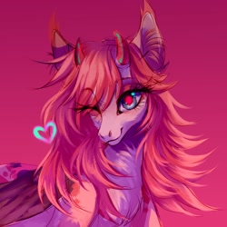 Size: 1500x1500 | Tagged: safe, artist:lumiere, oc, oc only, pony, devil horns, floating heart, gradient background, heart, looking at you, one eye closed, sketch, solo, wink