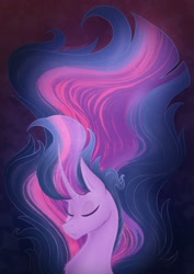 Size: 1448x2048 | Tagged: safe, artist:lunathemoongod, twilight sparkle, alicorn, pony, g4, the last problem, curved horn, ethereal mane, eyes closed, fabulous, glowing mane, horn, long mane, older, older twilight, older twilight sparkle (alicorn), princess twilight 2.0, simple background, solo, starry mane, stars, twilight sparkle (alicorn)