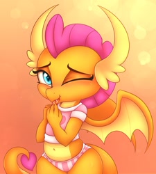 Size: 1843x2048 | Tagged: safe, artist:heavymetalbronyyeah, smolder, dragon, g4, belly button, blushing, clothes, cute, cute little fangs, dragoness, fangs, female, heart eyes, looking at you, one eye closed, panties, pink underwear, shirt, short shirt, smiling, smolderbetes, solo, striped underwear, tongue hold, tongue out, underwear, wingding eyes, wink, winking at you