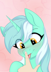 Size: 2894x4093 | Tagged: safe, artist:cottonaime, lyra heartstrings, pony, unicorn, g4, blushing, boop, cute, finger, hand, licking, lyrabetes, solo, starry eyes, that pony sure does love hands, tongue out, wingding eyes