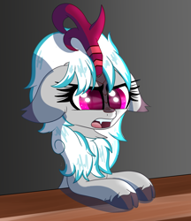 Size: 3570x4138 | Tagged: safe, artist:windykirin, oc, oc only, oc:windshear, kirin, adorable distress, angry, cute, fangs, female, floppy ears, kirin oc, solo, table, weapons-grade cute