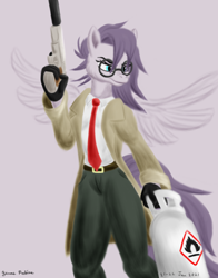 Size: 1100x1400 | Tagged: safe, artist:rockhoppr3, oc, oc only, oc:vylet, pegasus, anthro, clothes, gas tank, glasses, gun, hitman, necktie, propane, solo, spread wings, suit, weapon, wings