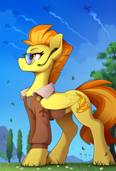 Size: 1600x2373 | Tagged: safe, artist:yakovlev-vad, spitfire, pegasus, pony, g4, aviator sunglasses, bomber jacket, chest fluff, clothes, female, folded wings, headpiece, headset, jacket, mare, microphone, slender, solo focus, standing, sunglasses, thin, wings