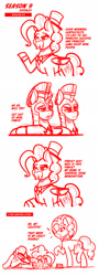 Size: 800x2223 | Tagged: safe, artist:jcosneverexisted, pinkie pie, surprise, g4, sparkle's seven, bait and switch, circling stars, clothes, dialogue, dizzy, facial hair, female, fishbowl, male, moustache, royal guard, season 9 doodles, simpsons did it, text, the simpsons, unamused