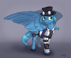 Size: 3280x2684 | Tagged: safe, artist:safizejaart, oc, oc only, oc:thinker blue, pegasus, pony, clothes, hat, high res, pegasus oc, simple background, smiling, steampunk, wings