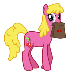 Size: 768x768 | Tagged: safe, artist:tangerinetwime, cherry berry, earth pony, pony, g4, .ai available, .svg available, bag, cherry, cute, diacherry, female, food, fruit, herbivore, mare, mouth hold, redraw, sign, simple background, solo, transparent background, vector