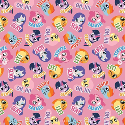 Size: 750x750 | Tagged: safe, artist:camelot fabrics, applejack, fluttershy, pinkie pie, rainbow dash, rarity, twilight sparkle, g4, official, blush sticker, blushing, bust, looking at you, mane six, one eye closed, pattern, pink background, portrait, simple background, slang, smiling, smiling at you, wink