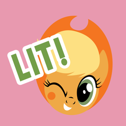 Size: 1500x1500 | Tagged: safe, artist:camelot fabrics, artist:litrojia, applejack, pony, g4, blush sticker, blushing, bust, female, lit, looking at you, mare, one eye closed, pink background, portrait, simple background, smiling, smiling at you, solo, vector, vector trace, wink, winking at you