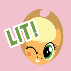 Size: 1500x1500 | Tagged: safe, alternate version, artist:camelot fabrics, artist:litrojia, pony, g4, blush sticker, blushing, bust, female, lit, looking at you, mare, one eye closed, pink background, portrait, simple background, smiling, smiling at you, solo, vector, vector trace, wink, winking at you