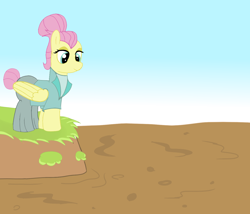 Size: 1400x1200 | Tagged: safe, artist:amateur-draw, fluttershy, pegasus, pony, g4, alternate hairstyle, clothes, female, mare, mud, pants, quicksand, severeshy, simple background, solo, suit, wet and messy