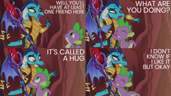 Size: 2000x1125 | Tagged: safe, edit, edited screencap, editor:quoterific, screencap, princess ember, spike, dragon, g4, gauntlet of fire, bloodstone scepter, blushing, cute, dragoness, duo, emberbetes, eyes closed, female, hug, male, open mouth, spikabetes, tsundember, tsundere, wavy mouth