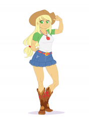 Size: 1302x1842 | Tagged: safe, artist:brother-tico, part of a set, applejack, equestria girls, equestria girls series, applejack's hat, applejacked, bicep, boots, breasts, clothes, cowboy boots, cowboy hat, denim skirt, female, flexing, geode of super strength, hand on hip, hat, magical geodes, muscles, muscular female, shirt, shoes, skirt, smiling, solo