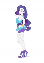 Size: 1157x1637 | Tagged: safe, artist:brother-tico, part of a set, rarity, equestria girls, equestria girls series, g4, bracelet, breasts, ear piercing, earring, high heels, jewelry, lidded eyes, piercing, pose, rarity peplum dress, shoes, smiling, solo
