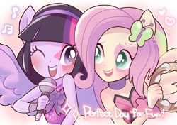 Size: 1200x845 | Tagged: safe, artist:puchiko, fluttershy, twilight sparkle, alicorn, equestria girls, g4, my little pony equestria girls: rainbow rocks, perfect day for fun, alternative cutie mark placement, bare shoulders, bust, cute, duo, female, lyrics, microphone, music notes, musical instrument, one eye closed, open mouth, ponied up, shyabetes, singing, sleeveless, strapless, tambourine, text, twiabetes, twilight sparkle (alicorn), wink