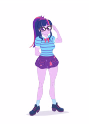 Size: 2893x4092 | Tagged: safe, artist:brother-tico, part of a set, sci-twi, twilight sparkle, equestria girls, g4, my little pony equestria girls: better together, breasts, busty sci-twi, clothes, glasses, hand behind back, shirt, shoes, skirt, smiling, solo, striped shirt