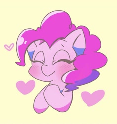 Size: 1158x1227 | Tagged: safe, artist:asg, pinkie pie, earth pony, pony, g4, blushing, bust, cute, diapinkes, eyes closed, heart, hooves to the chest, simple background, solo, yellow background