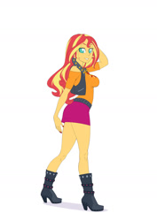 Size: 1157x1637 | Tagged: safe, artist:brother-tico, part of a set, sunset shimmer, equestria girls, g4, my little pony equestria girls: better together, boots, breasts, busty sunset shimmer, clothes, geode of empathy, high heel boots, leather vest, magical geodes, miniskirt, off-shoulder top, painted nails, pose, shoes, skirt, smiling, solo
