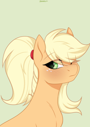 Size: 2894x4093 | Tagged: safe, artist:cottonaime, applejack, earth pony, pony, g4, alternate hairstyle, blushing, closed eye, eye clipping through hair, freckles, looking at you, looking back, looking back at you, ponytail, solo