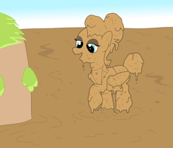 Size: 1400x1200 | Tagged: safe, artist:amateur-draw, fluttershy, pegasus, pony, g4, alternate hairstyle, clothes, covered in mud, female, mare, mud, mud bath, mud play, mud pony, pants, quicksand, severeshy, simple background, solo, suit, wet and messy