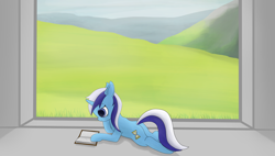 Size: 3596x2036 | Tagged: safe, artist:astralr, minuette, pony, unicorn, g4, book, female, grass, high res, lying down, mare, mountain, sky, solo, window