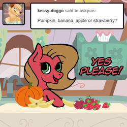 Size: 700x700 | Tagged: safe, artist:ariah101, oc, oc:pun, pony, ask pun, apple, ask, banana, food, herbivore, pumpkin, strawberry, yes