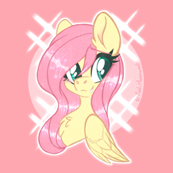 Size: 1630x1630 | Tagged: safe, artist:red_moonwolf, fluttershy, pegasus, pony, g4, blushing, bust, chest fluff, cute, fangs, shyabetes, solo