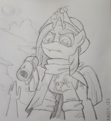 Size: 1100x1200 | Tagged: safe, artist:khajiit_123, artist:topaythebills, pony, unicorn, cactus, desert, female, gun, hat, looking down, magic, mare, sketch, traditional art, weapon