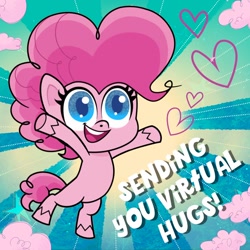 Size: 1080x1080 | Tagged: safe, pinkie pie, earth pony, pony, g4, g4.5, my little pony: pony life, official, one click wonder, bipedal, facebook, female, heart, incoming hug, solo