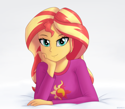 Size: 5000x4360 | Tagged: safe, artist:irisarco, sunset shimmer, human, equestria girls, g4, beautisexy, clothes, cutie mark, female, looking at you, lying, pajamas, simple background, smiling, solo, watermark