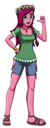 Size: 1184x3000 | Tagged: safe, artist:artemis-polara, gloriosa daisy, equestria girls, g4, my little pony equestria girls: legend of everfree, bracelet, breasts, cleavage, clothes, feet, jewelry, necklace, open mouth, pointing at self, sandals, shirt, shorts, simple background, smiling, solo, toes, transparent background