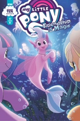 Size: 2063x3131 | Tagged: safe, artist:megan huang, applejack, silverstream, twilight sparkle, alicorn, earth pony, fish, jellyfish, seapony (g4), idw, spoiler:comic97, bubble, bubble helmet, bubble on head, comic cover, crepuscular rays, female, fin wings, fins, fish tail, flowing mane, flowing tail, hat, horn, jewelry, necklace, open mouth, seapony silverstream, seaquestria, season 10, seaweed, smiling, underwater, water, wings